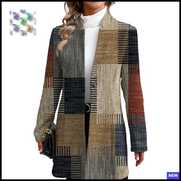 Long Blazer Jacket Open Front Loose Fit Plaid Casual Work Office Outerwear